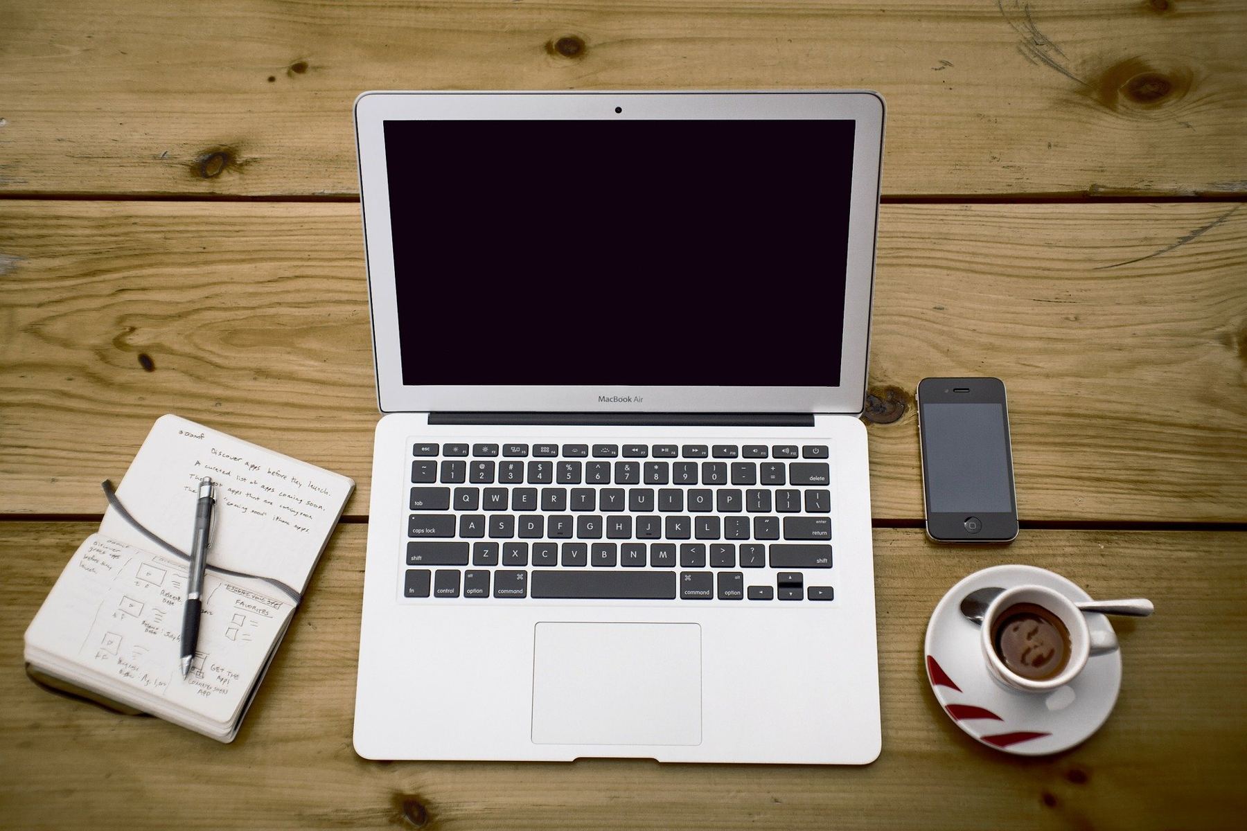 Workspace with laptop, notebook and coffee